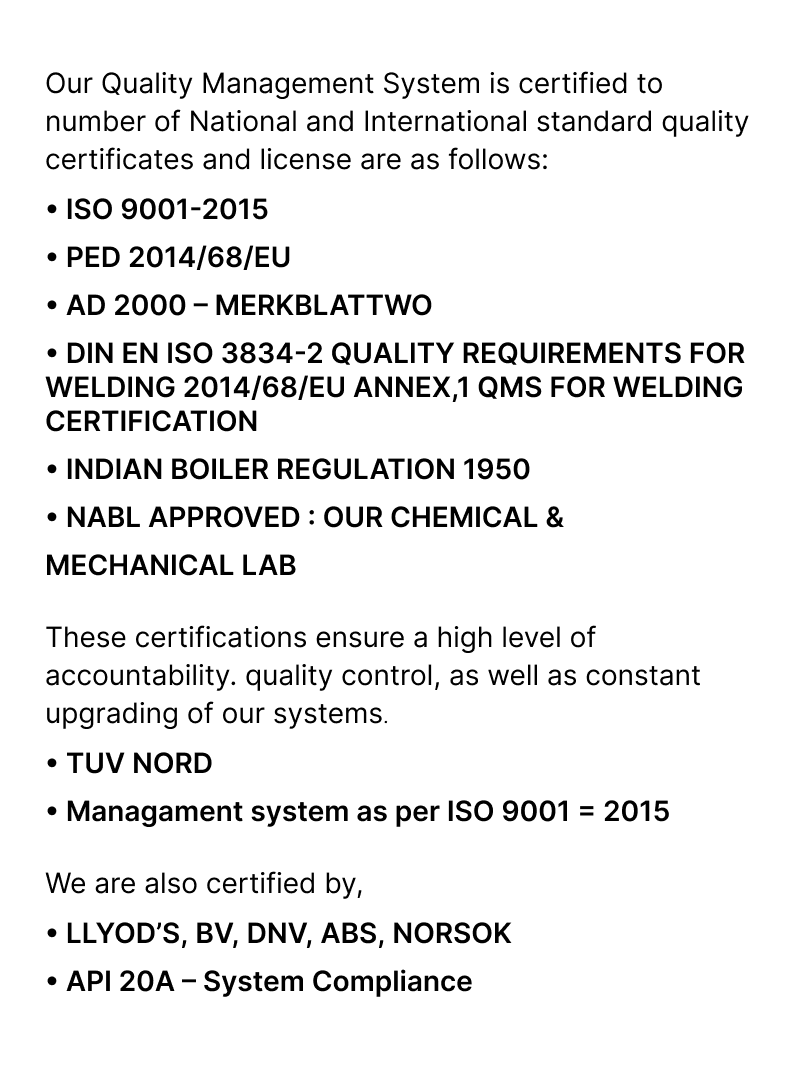 Company certifications: ISO 9001, PED, AD 2000, NABL, TUV NORD, DNV, ABS, NORSOK, and more.